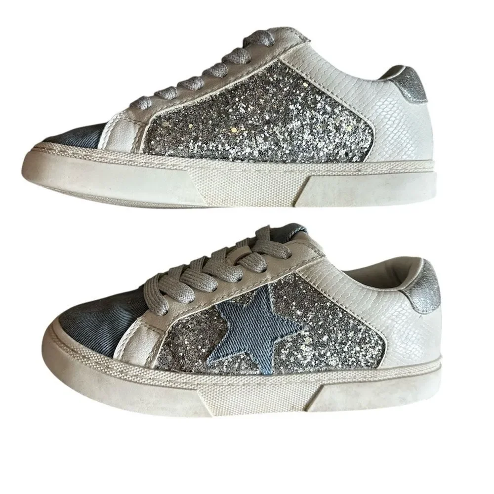 Art Class Girls Sz 2 Silver White Blue Glitter Star Lace Sneakers